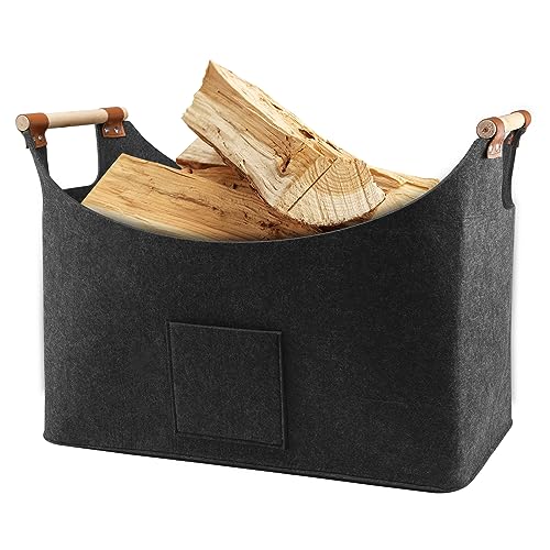 Novelfun 70L Extra Groß Filzkorb Holzkorb für Kaminholz Tragbarer Aufbewahrungskorb mit Holzgriffen Faltbar Brennholzkorb für Holz oder Brennholz