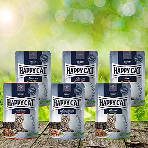 NEU Vorteilspaket - Mixpaket Happy Cat Variation Nassfutter - Meat in Sauce Culinary 24 x 85 g - Viele leckere Sorten für Abwechslung im Napf