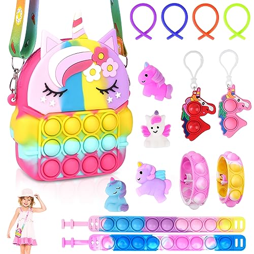 Ainiv 15PCS Set Tasche Handtasche 2 in 1 Taschen Umhängetasche Mini Silikon Schlüsselbund Poppet Finger Autismus for ADHS Squeeze Bunt