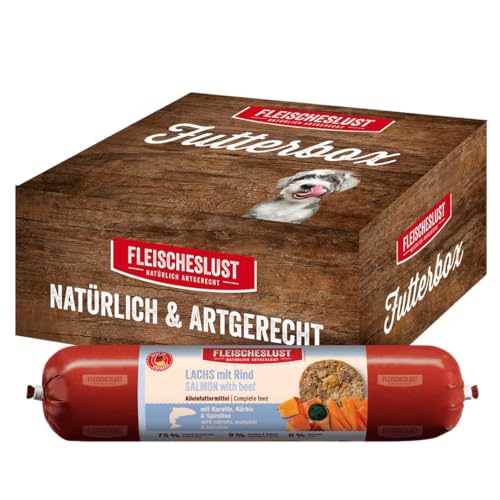 Fleischeslust Hundewurst Lachs mit Rind Karotte Kürbis Spirulina als Futterbox 6x800g Hundefutter Nassfutter-Wurst schnittfest getreidefrei