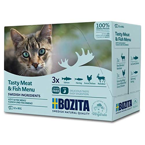 Bozita Katze Multibox Tasty Meat Fish Menü 12 x 85 g Multibox aus Frischebeuteln Verschiedene Fleisch- und Fischsorten Alleinfuttermittel für adulte Katzen
