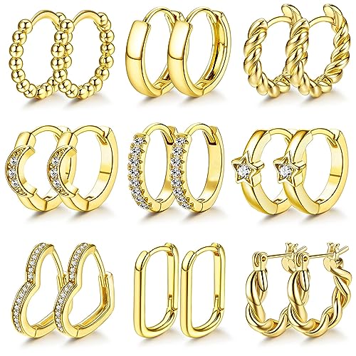 JeweBella 9Paare Gold Creolen Ohrringe für Damen Mädchen 14K Gold Vergoldet Knorpel Huggie Creolen Ohrringe Zirkonia Twist Stern Herz Creolen Ohrringe Hypoallergen Kleine Creolen Gold Ohrringe Set