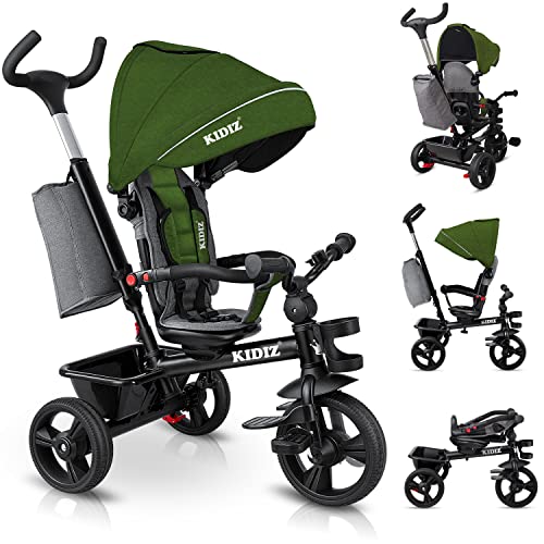 KIDIZ Dreirad 5in1 Kinderdreirad mit Schubstange Lenksystem Stange ab 1 Jahr Jogger vorwärts Rückwärtsfahrt Korb Tasche Getränkehalter Sonnendach Gummiräder Buggy Fahrrad Baby Klappbar Khaki