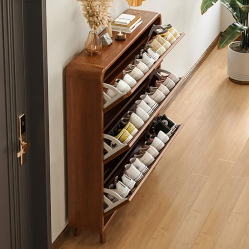 Schmaler Schuhschrank Schuhregal aus Holz mit ultradünnem Design platzsparend für kleine Personen passt hinter Türen in Flur Walnussholz 1 Ebene L 60 cm