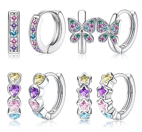 JeweBella 4 Paar Kleine Creolen Silber Set für Damen Mädchen Ohrringe Silber Herz Stern Schmetterling Zirkonia Hypoallergen Creolen Kinder Rosa Lila Blau Kinder Ohrringe Mädchen