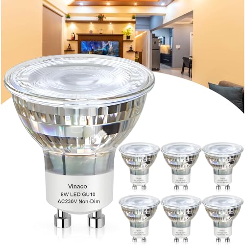 Vinaco LED Flicker-free GU10 Bulb 6PCS Long Lasting MR16 GU10 LED Bulb 2700K Warm White 790LM GU 10 Bulbs Non Dimmable 8W 100W Equivalent Light Bulbs GU 10 C 230V 100W for Track Lighting