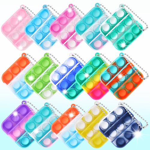 15 Stück Mini Silikon Schlüsselanhänger Toys Mini Squeeze Pop Push It Fidget Toys Spielzeug mit Schlüsselbund Poppet Bubble Finger Toys Stress Reliever Anti-Angst für Kinder Erwachsene