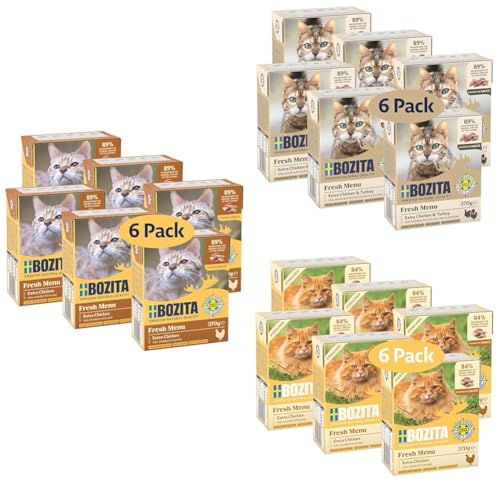 Bozita Tetra Geflügel Bundle Feinste Auswahl an dreierlei Geflügel für eine gesunde Ernährung Ihrer Katze - 3 x 6 Häppchen in Gelee und Sauce mit Huhn Pute Sterilised Huhn auch für Katzen