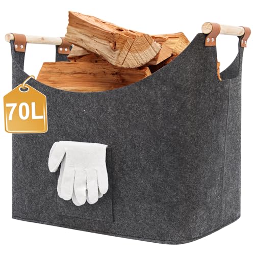 FINEW Holzkorb für Kaminholz XXL Kaminholzkorb mit Handschuhen Faltbarer Filztaschen aus Filz Große Filzkorb Filztaschen Feuerholzkorb zur Aufbewahrung von Brennholz Zeitungen Holz Spielzeug