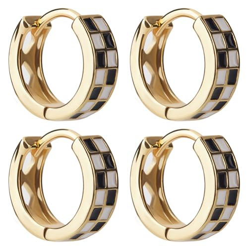 Beebeecraft 2 Paar Creolen Mit Schachbrettmuster Echte 18 Karat Vergoldete Runde Knorpelohrringe Schwarzes Und Weißes Emaille Gitter Für Frauen