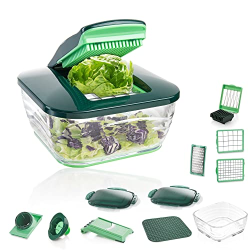 Genius Nicer Dicer Chef 18-teilig Gemüseschneider mit Glasschüssel Tomaten-Gemüse-Schneider aus dem TV - Zerkleinerer Obstschneider Zwiebelschneider Spiralschneider