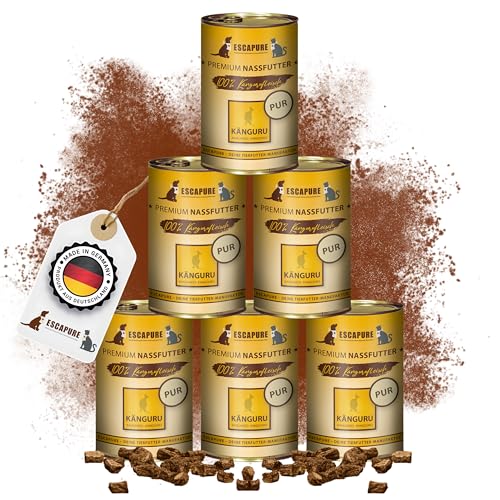 Escapure Känguru Pur Dose 6 x 400g - Nassfutter für Hunde - 100% pures Kängurufleisch Nassfutter - Premium Dosenfutter Känguru ohne Zusatzstoffe - Hunde Ergänzungsfuttermittel frei von Getreide