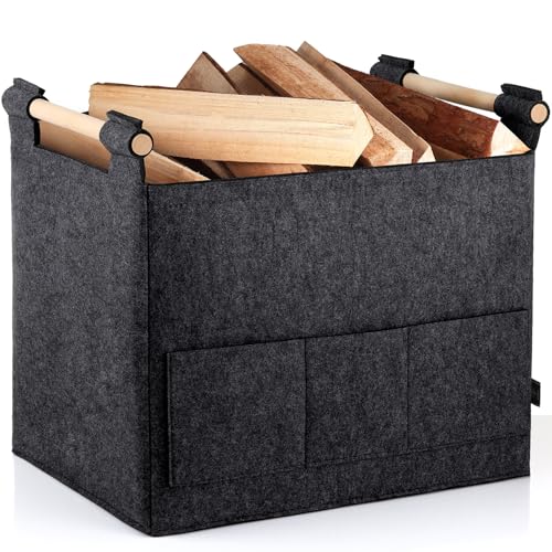 XL 40L Filzkorb Holzkorb für   Doppelgriffanwendung rutschfeste Griffe Fronttasche groß   Filz Tasche Korb für Holz faltbar Transport Aufbewahrung Dunkelgrau