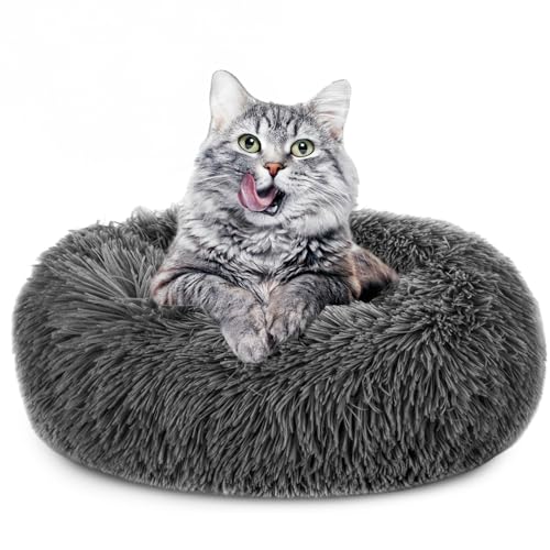 Amazinggirl Katzenbett flauschig 60 cm - Katzenkorb Katzenkissen Katzen Bett Katzenkörbchen Rund cat Bed Dunkelgrau