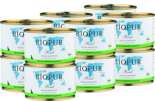 BIOPUR Bio Hundefutter Rind Reis Karotten für Hunde 12x400g