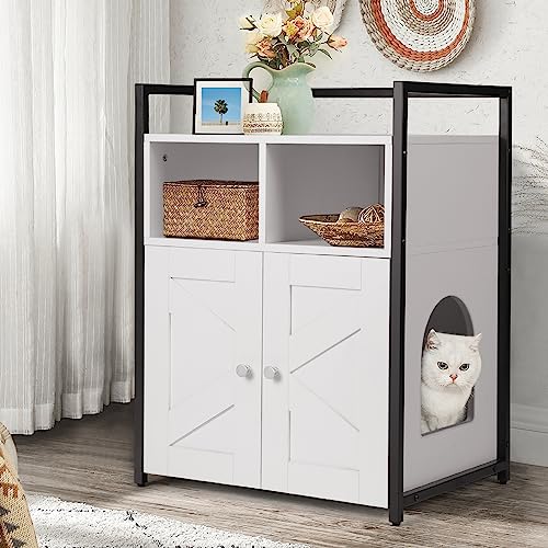 VOWNER Katzenhaus Katzenklo Schrank Katzentoilette Katzenhaus mit Doppeltüren Eingang offenem Regal Katzenmöbel Beistelltisch 80 x 60 x 45 cm für Katzen Weiß