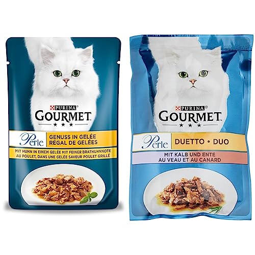 PURINA Gourmet Perle Genuss in Gelee Katzenfutter nass mit Huhn feiner Brathuhnnote 26er Pack 26 x 85g PURINA Gourmet Perle Duetto Katzenfutter nass mit Kalb und Ente 26er Pack 26 x 85g