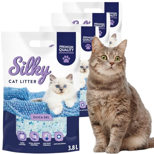 Silky Silikat Katzenstreu Staubfrei Unparfümiert Kristall Silikatstreu Geruchsneutral Hohe Saugkraft Antibakteriell 15 2L   4er Pack