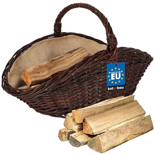 KOTARBAU Weidenkorb für Brennholz - Holzkorb für Kaminholz - Erntekorb - 64 x 40 x 39 cm - Kaminholzkorb mit Henkel - Holz Tragekorb - Brennholzkorb - Weide - Natürlich - Dunkelbraun