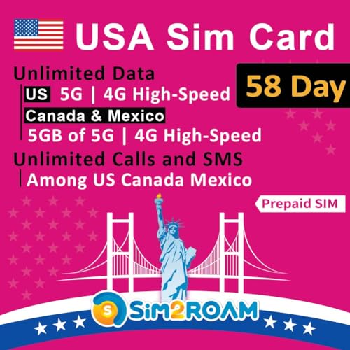 USA-Prepaid-SIM-Karte Unbegrenzte 5G 4G-Internetdaten in den USA einschließlich Hawaii 5 GB Highspeed-Daten in Kanada und Mexiko Unbegrenzte Inlandsgespräche und SMS Nachfüllbar 58 Tage