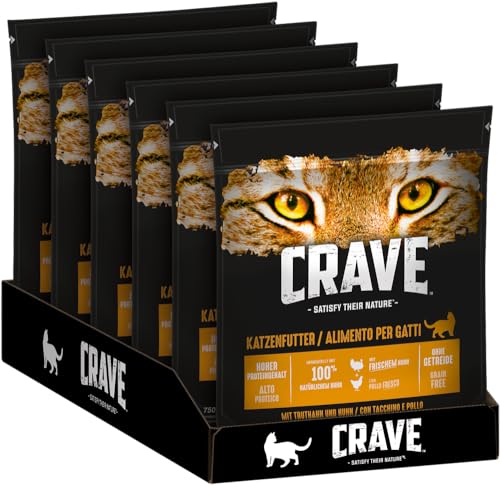 Crave Adult Trockenfutter Truthahn Huhn 6 Beutel 6x750g Premium Katzenfutter trocken hohem Proteingehalt und ohne Getreide Hergestellt 100 Prozent natürlichem Huhn