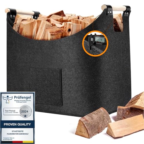 Pizsieat XL 50L Filzkorb Holzkorb für Kaminholz 4mm Kaminholzkorb aus Extradickem Filz Rutschfeste Griffe Fronttasche Extra Groß Feuerholzkorb Brennholzkorb für Einkauf Zeitung oder Brennholz