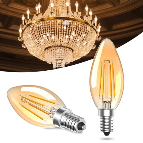 TobeBright E14 LED Warmweiß 2200K Birne Vintage Glühbirne 4W LED Filament Ersetzt 40W Glühlampe 400LM kerzenform C35 Bernstein Glas Nicht Dimmbar für Nostalgische Deko Zuhause Caf Bar-2Stück
