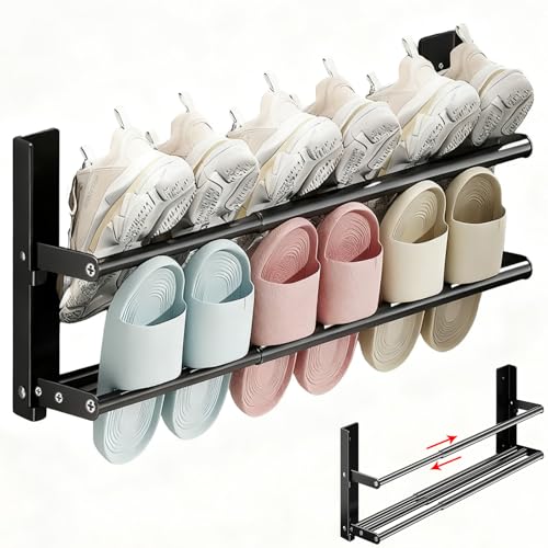 HMAKGG Schuhregal Wand Schmal Schuhregal Metall Schwarz 2 Ebenen Schuhhalter Wand für 6 Paar Schuhe 37-67cm Ausziehbar Schuhaufbewahrung Platzsparend für Wohnmobil Korridor Badezimmer