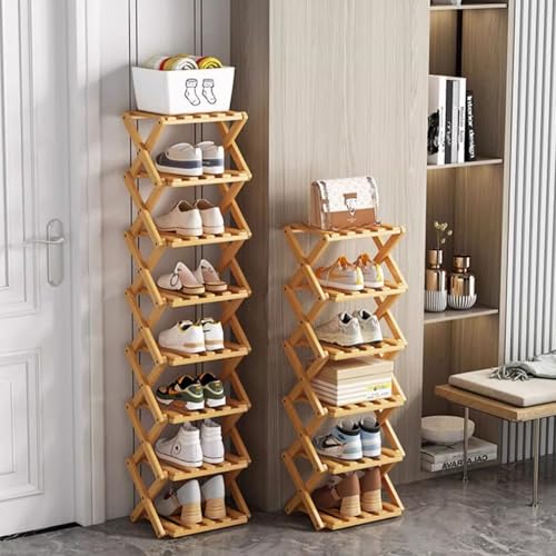 GXLBDK Vertikales Schmales Schuhregal Tragbare Holz Schuhregale Ohne Installation Bambus Faltbare Schuhe Veranstalter Für Korridore Schlafzimmer Natural 7 Tier