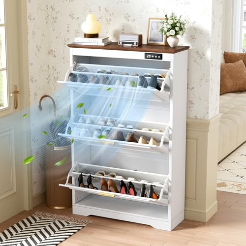 MSFE Schuhschrank Schmal mit Geruchsneutralisierungsgerät Schuhkipper großer Kapazität mit 3 Klapptüren Schuhregal zur Geruchsentfernung Verstellbar 70.2 120.8 28.6cm für Diele Flur Garderobe