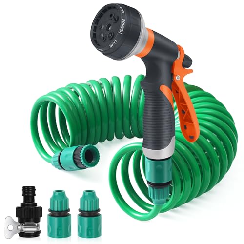 Flexibler Gartenschlauch 7.5M Spiralschlauch Komplett Set mit 8 Funktions Brause Handbrause Garten Brausekopf Gartenbewässerung für Autowäsche Haustierdusche Gartenarbeit 7.5 M