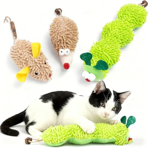 Interaktives Plüschspielzeug für Katzen Katzenminze Spielzeug und Interaktives Katzenspielzeug mit Kauspiel für Zahnreinigung Bissfeste Raupe Maus und Igel Designs für Zahngesundheit 3 Stück