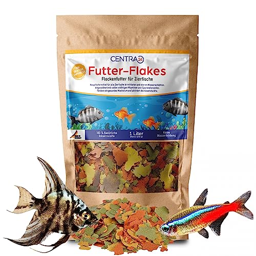 Centra24 Premium Fischfutter 1L Futter-Flakes Flocken - Hauptfuttermittel für alle Zierfische mit Vitaminen ohne Konservierungsstoffe Aquarium Süßwasserfisch