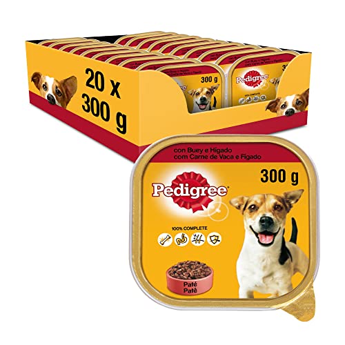Pedigree Nassfutter für Hunde Ochsen- und Lebergeschmack in Pastete Packung mit 20 Dosen x 300 g
