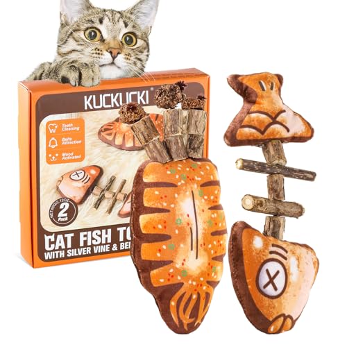 KUCKUCKI Katzenminze Sticks Katzenspielzeug Fisch mit Katzen Kaustangen und Glocken katzenminze Spielzeug für Katzen Zahnpflege Matatabi-Kausticks Gegen Mundgeruch Natürlich