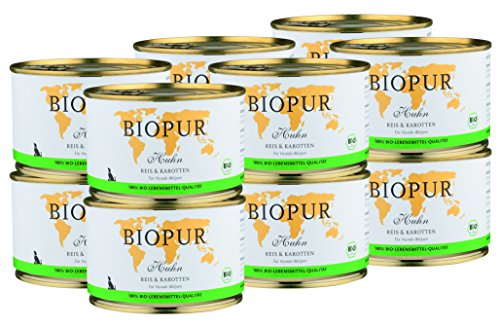BIOPUR Bio Hundefutter Huhn Reis Karotten für Hunde-Welpen 12x400g