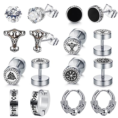 MILACOLATO Edelstahl Ohrringe Herren Set 8 Paar Wikinger Ohrringe für Herren Damen Klassisches Silber Schwarz Ohrstecker Wikinger Kleine Creolen Nordischer Punk Wikinger Schmuck für Männer Silber