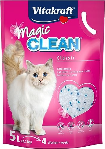 Vitakraft Magic Clean Katzenstreu Hygiene-Streu aus Mineralkügelchen nicht klumpend besonders staubarm praktische Tragelasche reicht für einen Monat 1 x 5L