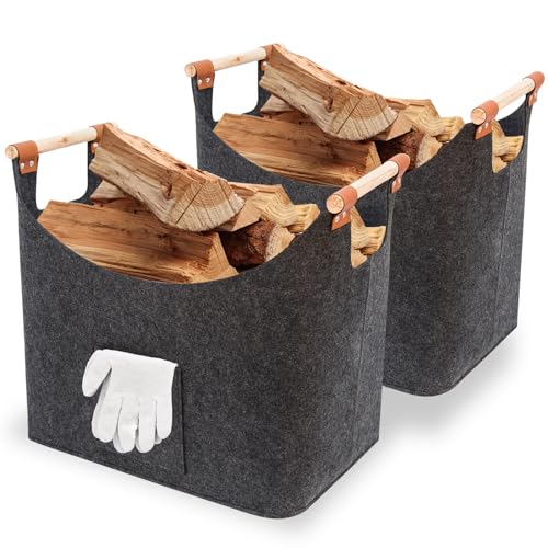 FINEW für 2er Set Handschuhen Filztaschenße Filztaschen Feuerholzkorb zur Aufbewahrung von Zeitungen Holz Spielzeug