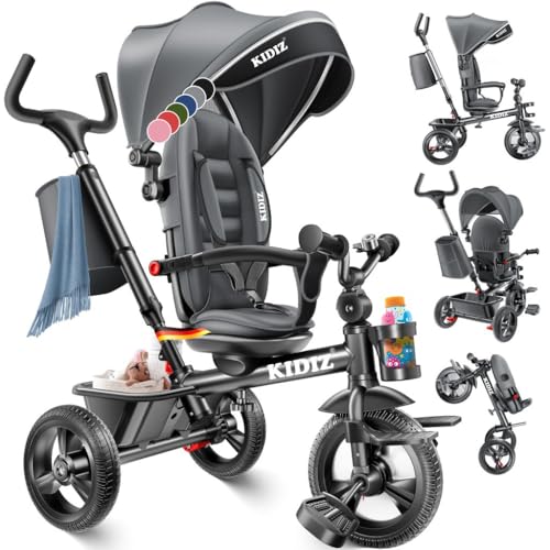 KIDIZ 6in1 Kinderdreirad Lenkbar 9 Monaten bis 25Kg Jogger vorwärts Rückwärtsfahrt Korb Tasche Getränkehalter Sonnendach Gummiräder Buggy Fahrrad Baby Klappbar Grau