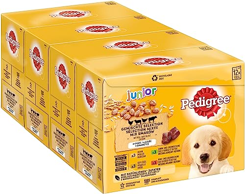  Junior Hundenassfutter Vital Protection für Welpen 48 Portionsbeutel 12x100g 4er Pack nass 4 Varietäten Gelee Huhn Rind Geflügel Lamm