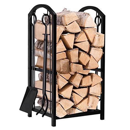 DOZRAN Kaminholzregal Holzwiegen Kaminholz-Regal 2-Lagen Kaminbesteck mit Schürhaken Harke Bürste und Schaufel Schmiedeeisen Kaminholzhalter für Outdoor-Ofen