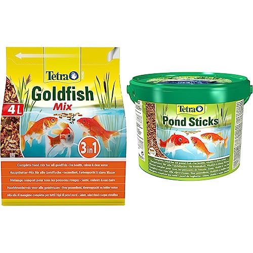 Tetra Pond Goldfish Fischfutter - 3in1 Mix mit Flocken Pond Sticks - Fischfutter für Teichfische für gesunde Fische und klares Wasser im Gartenteich 10 L Eimer