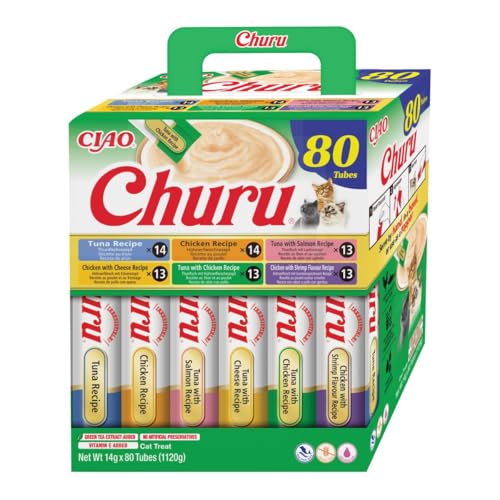INABA Churu Katzenleckerlis Creamy Snack Variety Box mit Huhn Thunfisch Keine Nebenerzeugnisse Getreidefrei Zuckerfrei Kalorienarm Fleisch Premium Katzen Leckerlies 14 g x 80