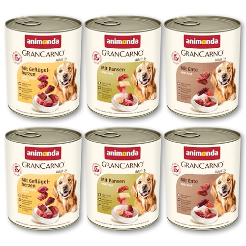 animonda GranCarno Adult Deftige Variation 6x 800g Hundenassfutter für ausgewachsene Tiere für 100% frischen fleischlichen Zutaten Hundefutter ohne Getreide