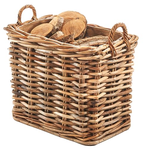 Kobolo Holzkorb aus Rattan mit Jutestoff 63x42x59 cm braun robuster Kaminholzkorb mit Griffen Stoffeinsatz nachhaltige geflochtene Holztrage für stilvolle Aufbewahrung Holztransport