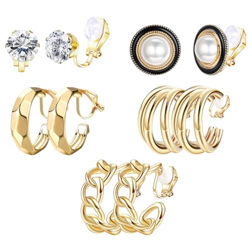 KEQAR 5 Paar Gold Ohrclips für Damen Kein Ohrlöcher Vergoldet Clip Ohrringe Chunky Creolen Set Twist Knot Modeschmuck Geschenk Hypoallergen Gold Stil 1
