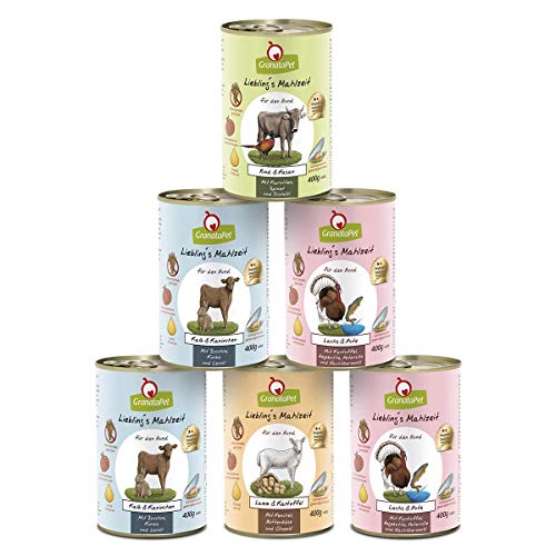 GranataPet Liebling s Mahlzeit Multipack 3 Nassfutter für Hunde im Probierpaket Alleinfuttermittel ohne Getreide Hundefutter mit hohem Fleischanteil hochwertigen Ölen 6 x 400 g