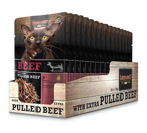 Leonardo Frischebeutel Beef mit Fleischstreifen Pulled Beef 70g Getreidefreies Nassfutter für Katzen Alleinfuttermittel Katzenfutter
