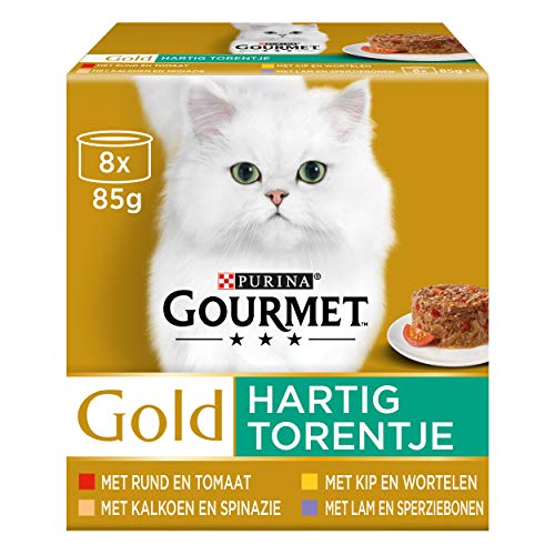 Gourmet Gold herzhafter Turm Katzenfutter Nassfutter mit Rind und Tomate Huhn und Karotten Truthahn und Spinat Truthahn und grüne Bohnen - 8x85g - 6er Karton 48 Dosen 4 08kg